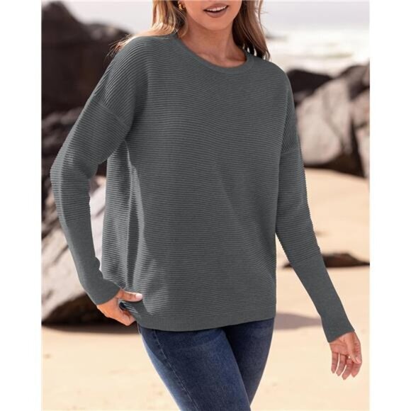Women Casual 2024 Fall Sweater Long Sleeve Ribbed Knit Pullover Loose Sweater - Picture 4 of 6